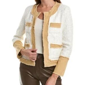 Nanette Lepore Cream Tweed Gold Threads Open Jacket Tan Denim Trim M